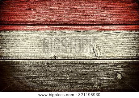 Flag Of Yemen Painted On Old Grungy Wooden  Background