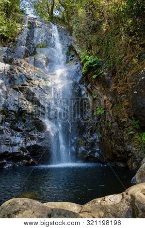 Serra Do Espinhal, Portugal - August 31, 2019 : Waterfall Pedra Ferida, Coimbra, Portugal