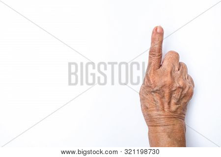 Senior Woman's Hands  Counting 1 Isolated On White Background, Numbers 1-10 In Sign Language Concept
