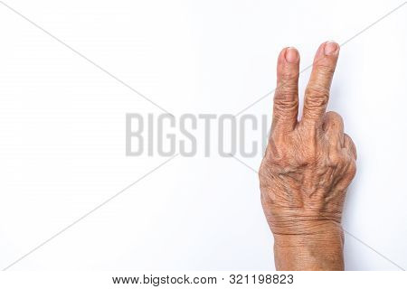 Senior Woman's Hands  Counting 2 Isolated On White Background, Numbers 1-10 In Sign Language Concept