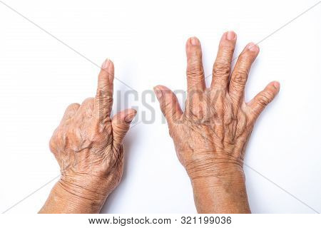 Senior Woman's Hands  Counting 7 Isolated On White Background, Numbers 1-10 In Sign Language Concept