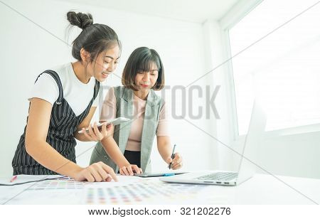 Coworking Process. Designers Team Working Modern Office. Young Creative Manager Showing New Startup 