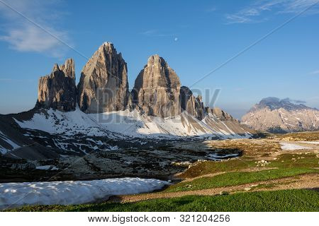 Three Peaks Of Lavaredo. View From Refuge Locatelli In The Early Morning. Dolomites, Italy