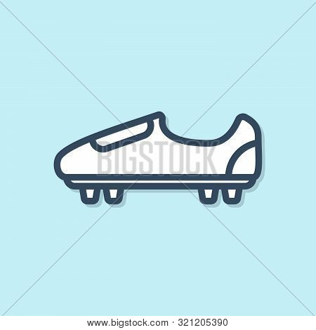 Blue Line Soccer Or Football Shoes With Spikes Icon Isolated On Blue Background. American Football B