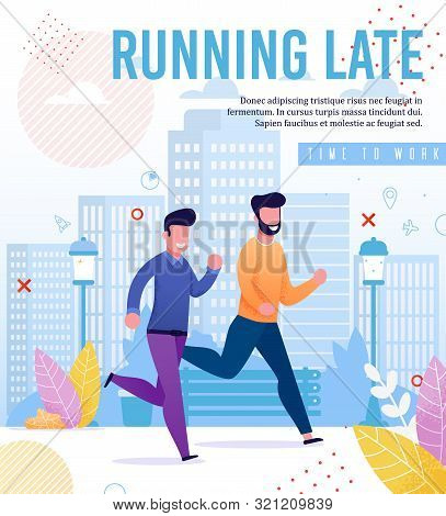 Flat Advertising Banner With Smiling Men Hurrying To Work. Running Late. Cartoon Smiling Guys, Offic