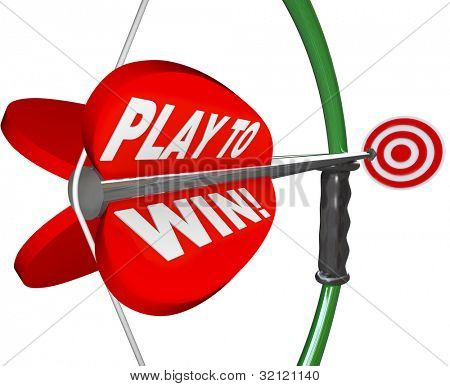 Mettere a fuoco le parole Play to Win su un arco e una freccia che punta a un target per rappresentare la determinazione, e 