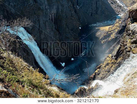 Famous Voringfossen Gorge With Waterfall Near Eidfjord In Province Of Hordaland, Norway