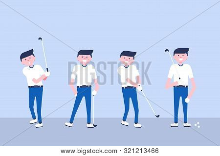 Set Of Golf Cartoon Players In Modern Flat Style. Golf Equipment Icon. Isolated Character Playing Go