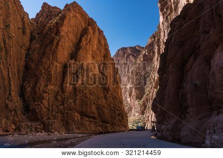 Todra Gorges, Morocco, Africa. Amazing High Rock Cliffs Against Deep Blue Sky