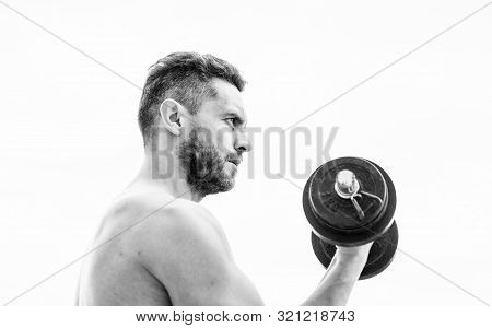 Man Sportsman Weightlifting. Steroids. Fitness And Sport Equipment. Muscular Man Exercising In Morni