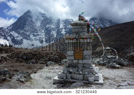 Sagarmatha national park, Nepal - May 20, 2019: Memorial stupa of Kazakhstan climbers who died in Himalayas, at Thokla pass (4830 m) just outside the village of Dughla 