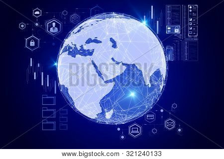 Global Business Concept With Digitall Screen With Earth Globe And Communication Icons.