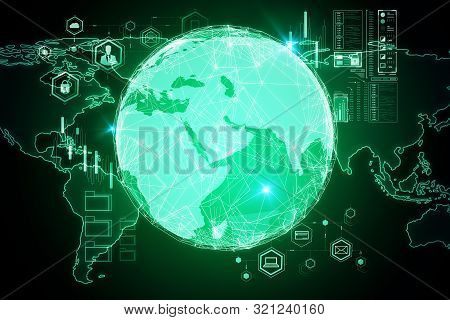 Global Communication Concept With Digital Screen, Computer Icons And World Map Template.