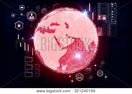 World Business Concept With Digitall Screen With Red Earth Globe And Communication Icons.