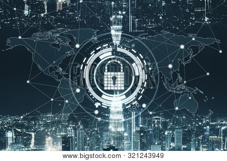 Cyber Data Or Information Privacy Concept With Digital Keyhole At Night City Background.