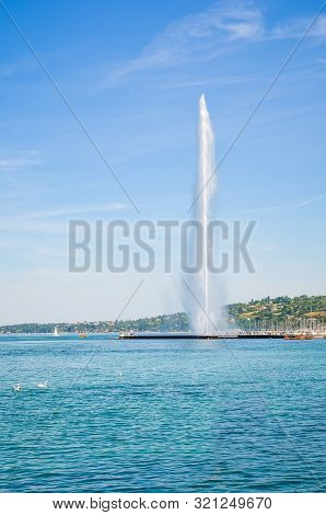 Jet Deau, A Famous Water Fountain In Geneva, Switzerland Located In Geneva Lake. Symbol Of The Beaut
