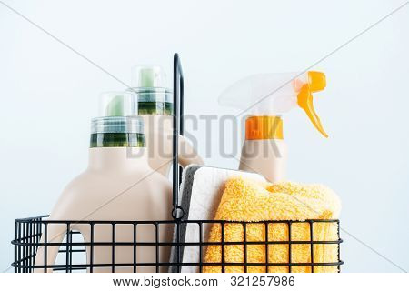 Сlose-up Of Mock-up Blank Label Bottles For Mockup Packaging Product Bottles Of Cleaning Detergent O