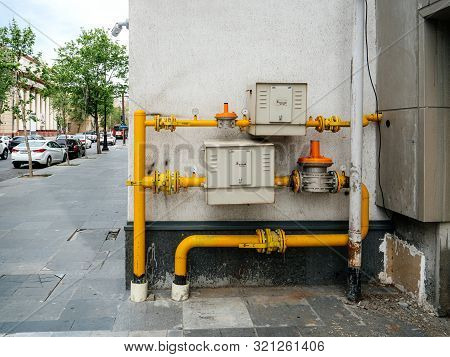 Baku, Azeirbaijan - May 3, 2019: Socar Gas Duct Tubes On The Street Corner Building In Central Baku 