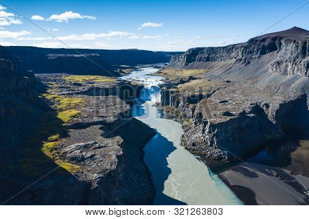 Fantastic View Of Canyon And Waterfall Hafragilsfoss. Location: Vatnajokull National Park, River Jok