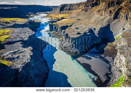 Fantastic View Of Canyon And Waterfall Hafragilsfoss. Location: Vatnajokull National Park, River Jok