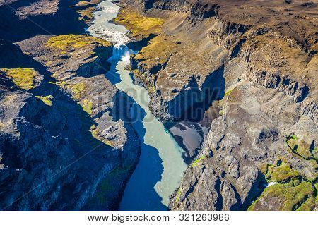 Fantastic View Of Canyon And Waterfall Hafragilsfoss. Location: Vatnajokull National Park, River Jok