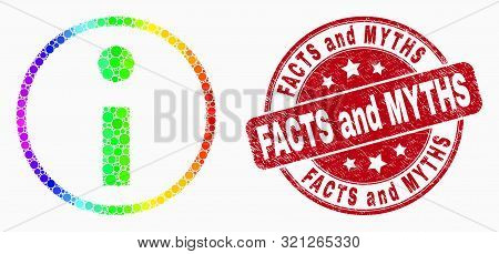 Pixelated Spectral Information Mosaic Pictogram And Facts And Myths Stamp. Red Vector Rounded Scratc