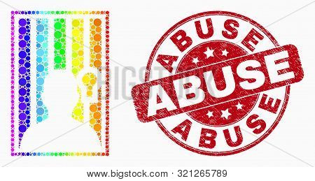 Dot Spectral Jailed Person Mosaic Icon And Abuse Seal Stamp. Red Vector Round Scratched Seal With Ab