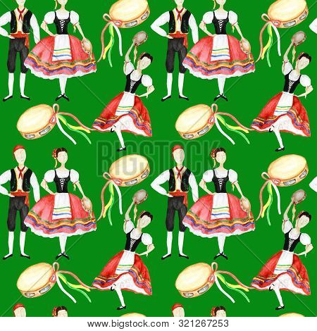 Seamless Pattern Dancers In National Costume An Italian Tarantella With A Tambourine On Green Backgr