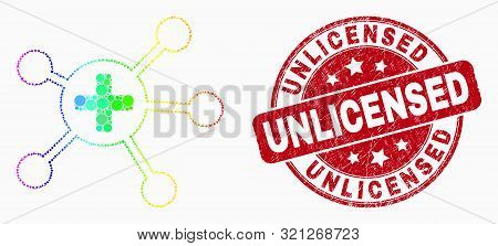 Pixel Spectrum Medical Links Mosaic Icon And Unlicensed Seal. Red Vector Round Grunge Stamp With Unl