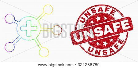 Dot Spectral Medical Links Mosaic Icon And Unsafe Seal Stamp. Red Vector Rounded Grunge Seal Stamp W