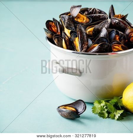 Pot full of steamed mussels on blue background