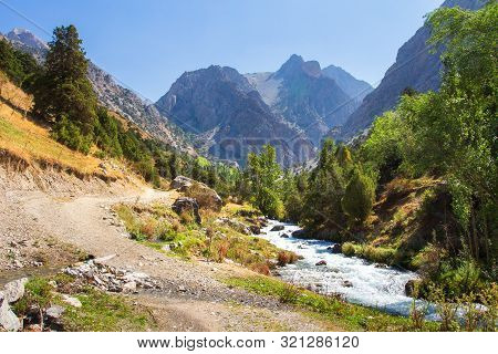 Summer Landscape In Fann Mountains, Tajikistan. Scenery View On Mountain Range In Fann Mountains On 