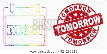 Pixelated Rainbow Gradiented Monday Calendar Page Mosaic Pictogram And Tomorrow Watermark. Red Vecto
