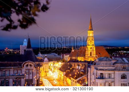 cityscape at night - top view of Saint Michael church Cluj-Napoca, Romania