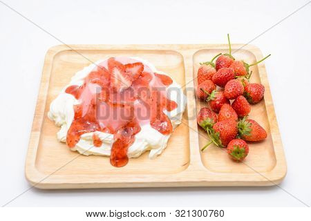 Italian Dessert Pana Cotta With Strawberries And Jam