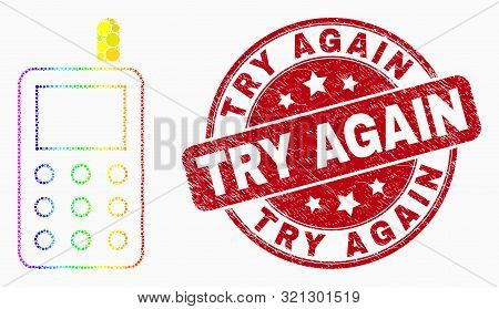 Pixel Rainbow Gradiented Radio Transmitter Mosaic Pictogram And Try Again Stamp. Red Vector Round Te