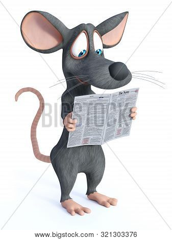 3d Rendering Of A Cute Smiling Cartoon Mouse Standing And Holding A Newpaper In His Hand While Readi