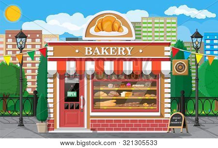 Bakery Shop Building Facade With Signboard. Baking Store, Cafe, Bread, Pastry And Dessert Shop. Show