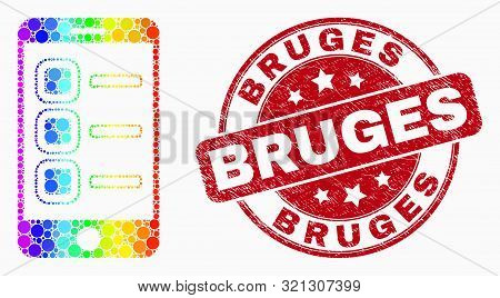 Dot Bright Spectral Smartphone Tasks Mosaic Icon And Bruges Seal Stamp. Red Vector Round Scratched S