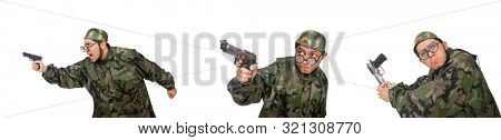 Military man with a gun isolated on white