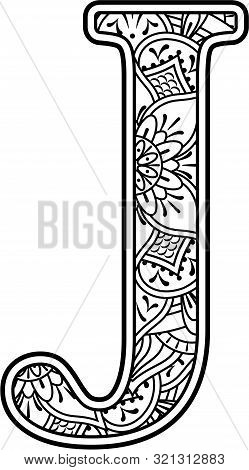 Letter J In Black And White With Doodle Ornaments And Design Elements From Mandala Art Style For Col