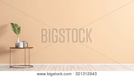 Interior Background Of Living Room With Copper Coffee Table And Vases With Palm Leaf Over Coral Wall