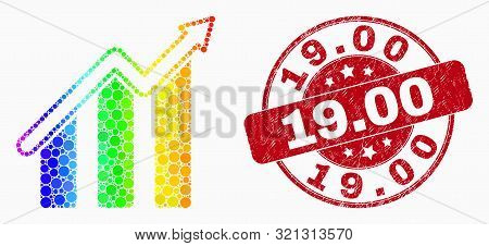 Dot Spectral Trend Chart Mosaic Pictogram And 19.00 Seal. Red Vector Round Textured Seal Stamp With 
