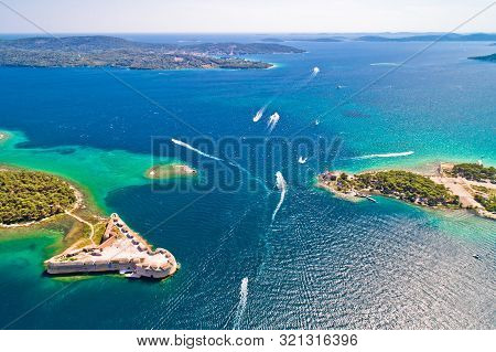 Saint Nikola Fortress And Sibenik Bay Entrance Aerial View, Archipelago Od Dalmatia, Croatia