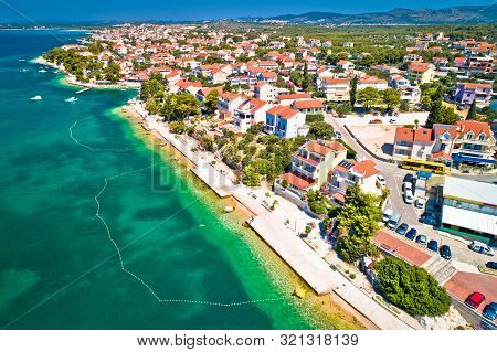 Brodarica Village Near Sibenik Beach And Coastline Aerial View, Dalmatia Region Of Croatia