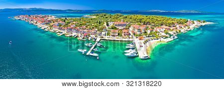 Colorful Archipelago Of Krapanj Island Aerial Panoramic View, Sea Sponge Harvesting Village, Sibenik