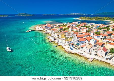 Colorful Archipelago Of Krapanj Island Aerial Panoramic View, Sea Sponge Harvesting Village, Sibenik