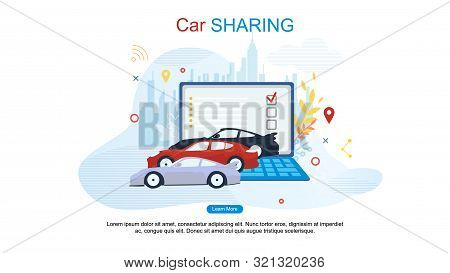 Car Sharing Flat Cartoon Banner Vector Illustration. Choosing Car For Rent Or Buying. Computer Servi