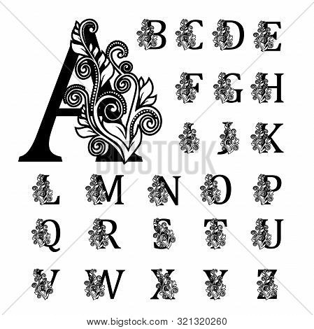 Elegant Alphabet With Florals Elements. Initials Letters With Botanical Emblem. Royal Floral Letter 