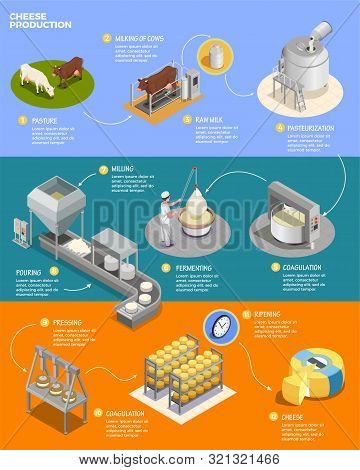 Cheese Production Isometric Infographics Layout With Eleven Phases Of Cheese Preparation From Raw Mi